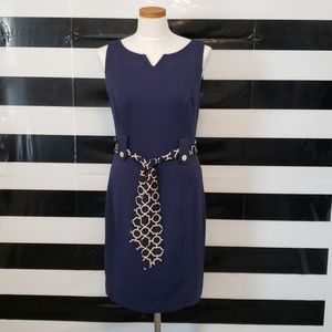 Classy Navy Blue Dress with Scarf Belt